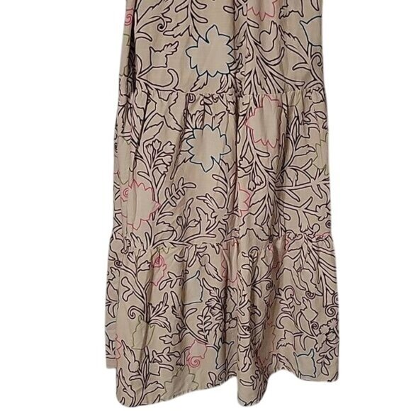Floral Print Maxi Dress Beige & Black Sleeveless Square Neck Tiered Skirt Boho S - Picture 6 of 7